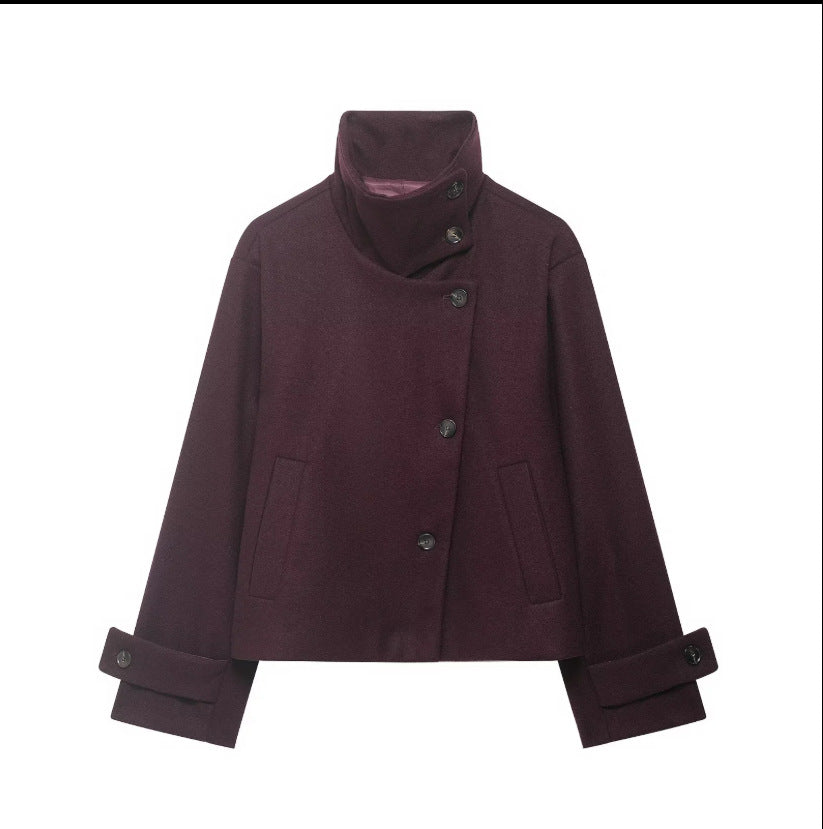 Women's Cropped Wool Blend Short Jacket with High Stand Collar, Asymmetric Button Placket and Cuffed Sleeves Mune Fashion