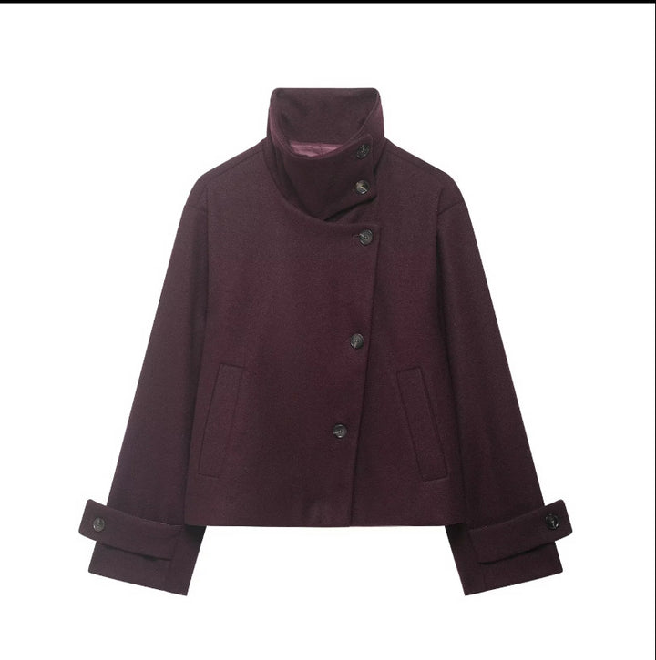 Women's Cropped Wool Blend Short Jacket with High Stand Collar, Asymmetric Button Placket and Cuffed Sleeves Mune Fashion