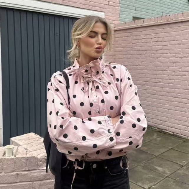 Women's lightweight polka dot windbreaker jacket with drawstring and stand-up collar Mune Fashion