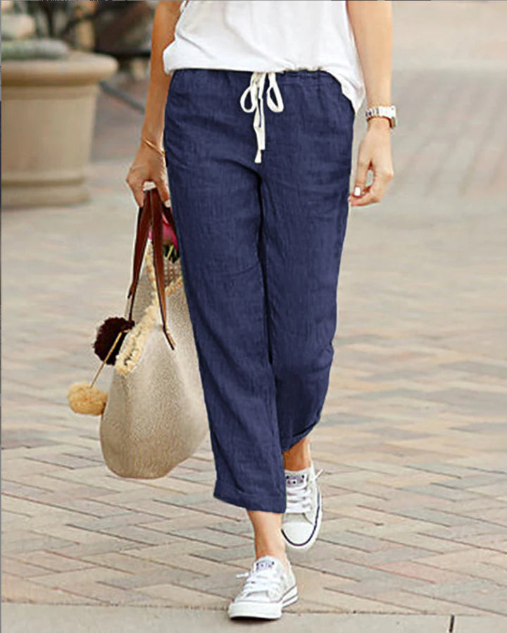 Women's lightweight linen blend pants with drawstring, loose culotte cut and ankle-length hem Mune Fashion
