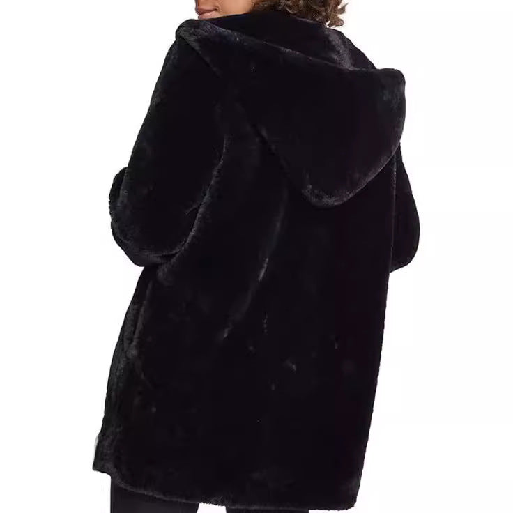 Women's Midi-Length Hooded Faux Fur Coat with Open Front and Lined Insert Pockets Mune Fashion