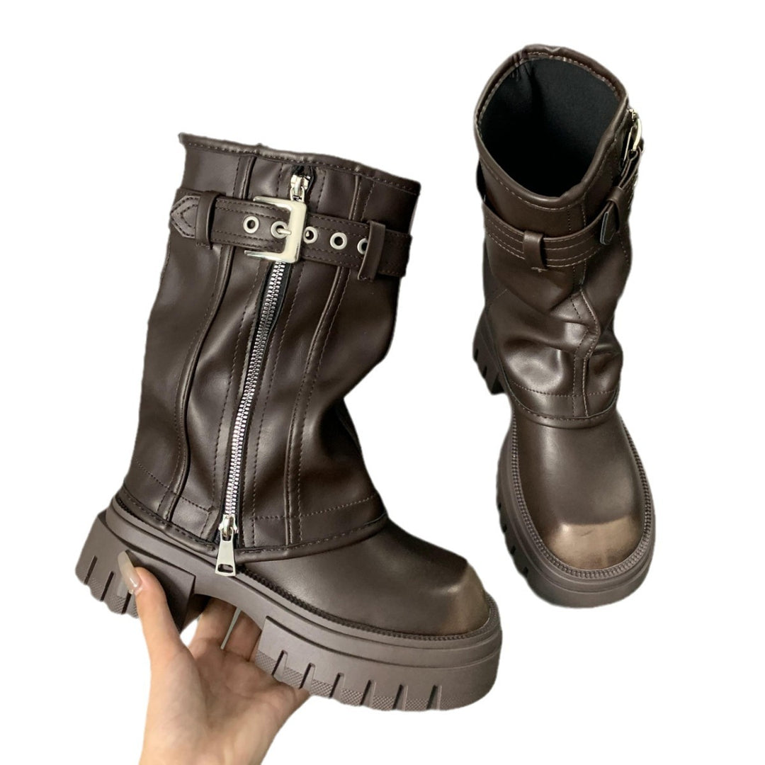 Women’s Mid-Calf Biker Boots with Zipper, Buckle Strap, and Chunky Platform Sole Mune Fashion