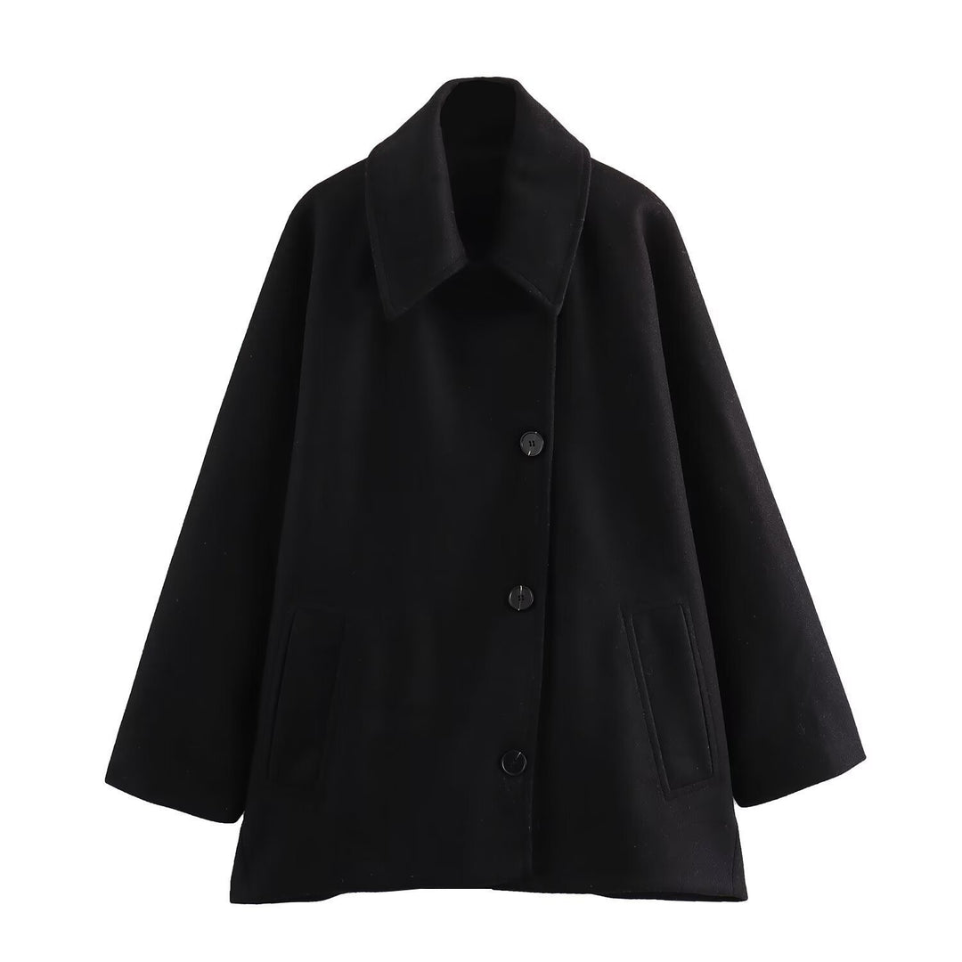 Women Oversized Wool Blend Boxy Short Coat with Lapel Collar and Insert Pockets Mune Fashion