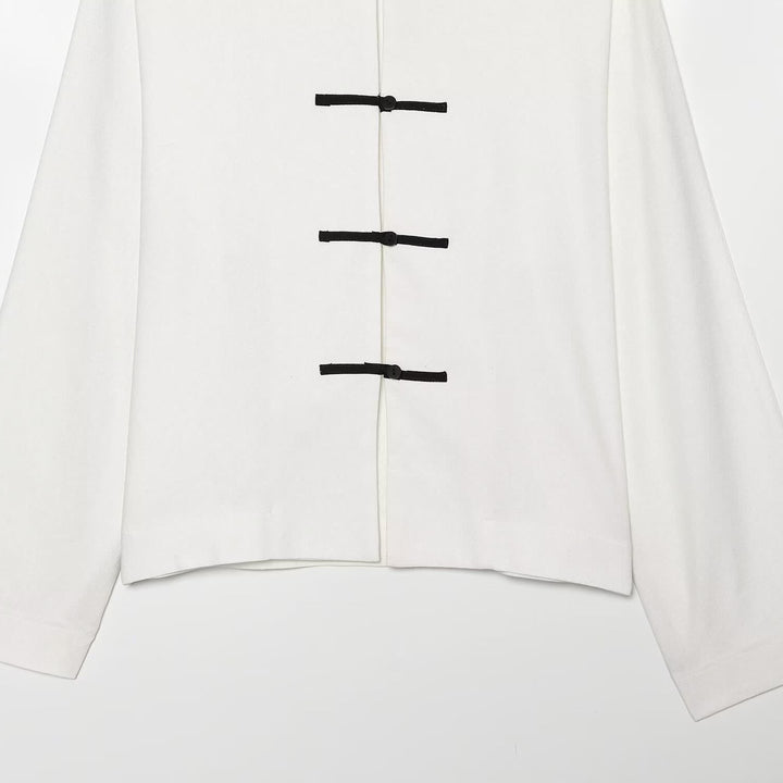 Women Boxy Jacket with Mandarin Collar and Decorative Knot Closures Mune Fashion