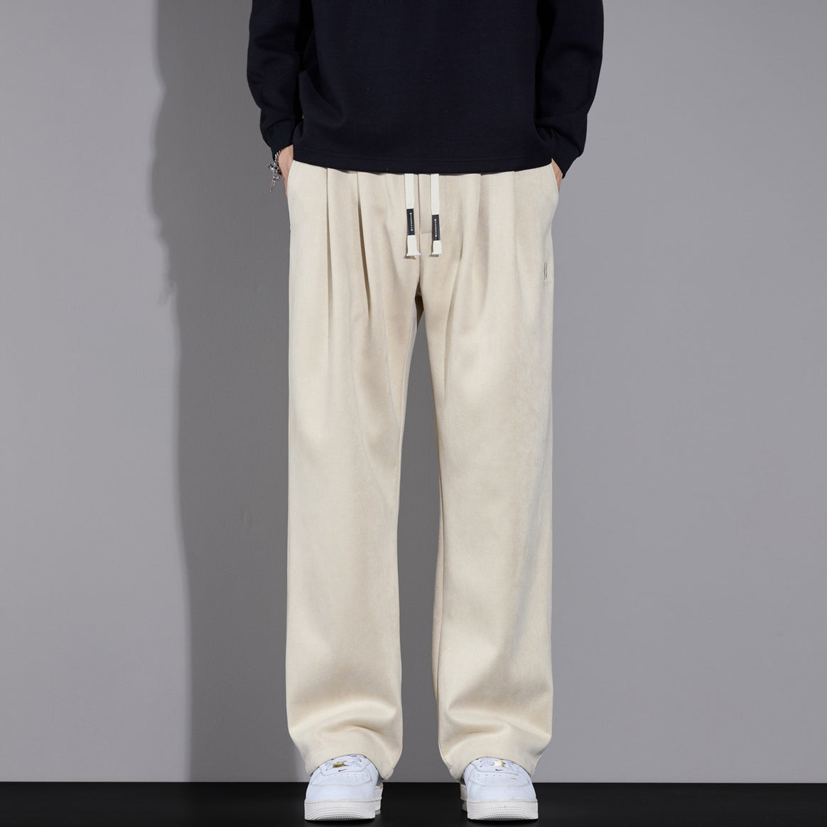 Men's casually cut pleated trousers with drawstring, wide leg and velour look Mune Fashion