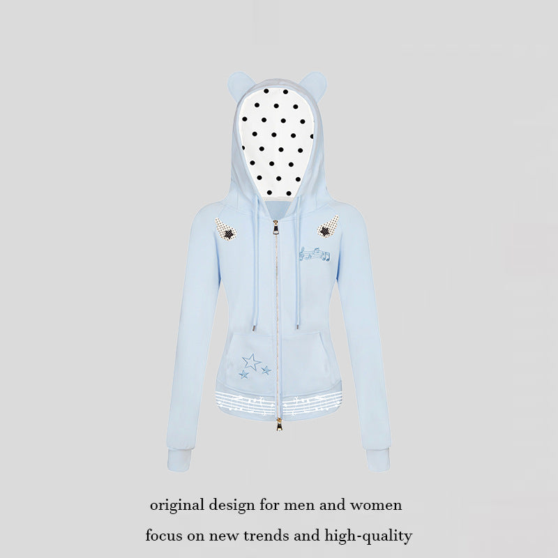 Women's hooded sweat jacket with bear ears, zipper, musical print and polka lining Mune Fashion