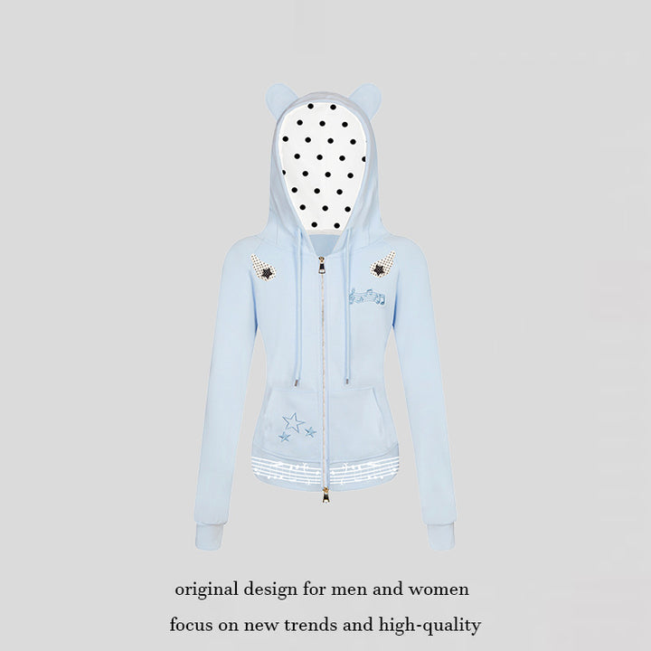 Women's hooded sweat jacket with bear ears, zipper, musical print and polka lining Mune Fashion
