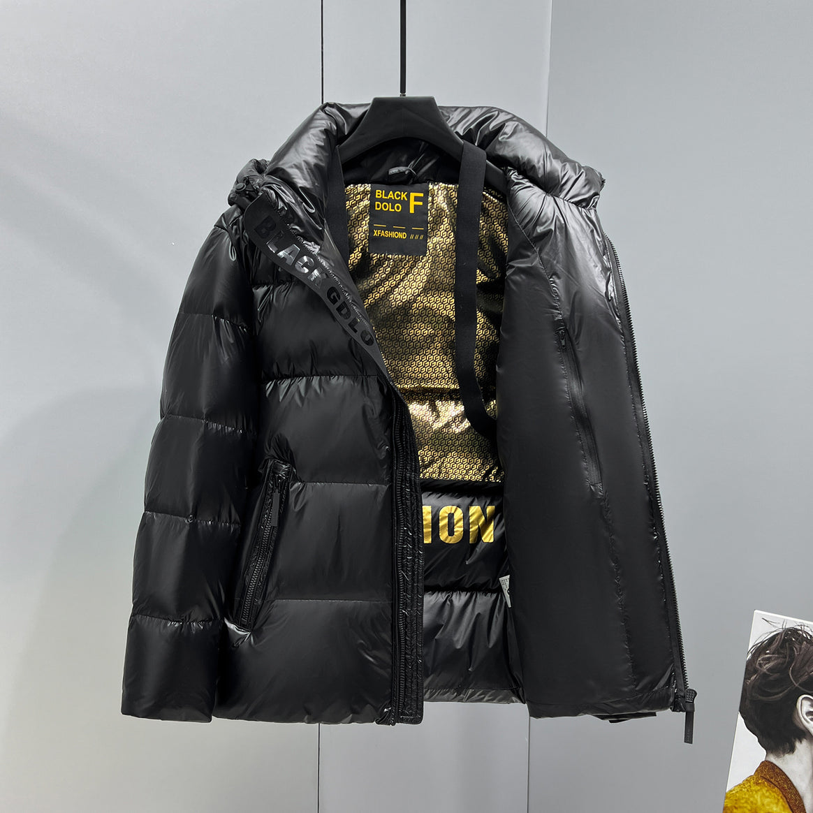Men's shiny quilted down jacket with hood and high collar Mune Fashion