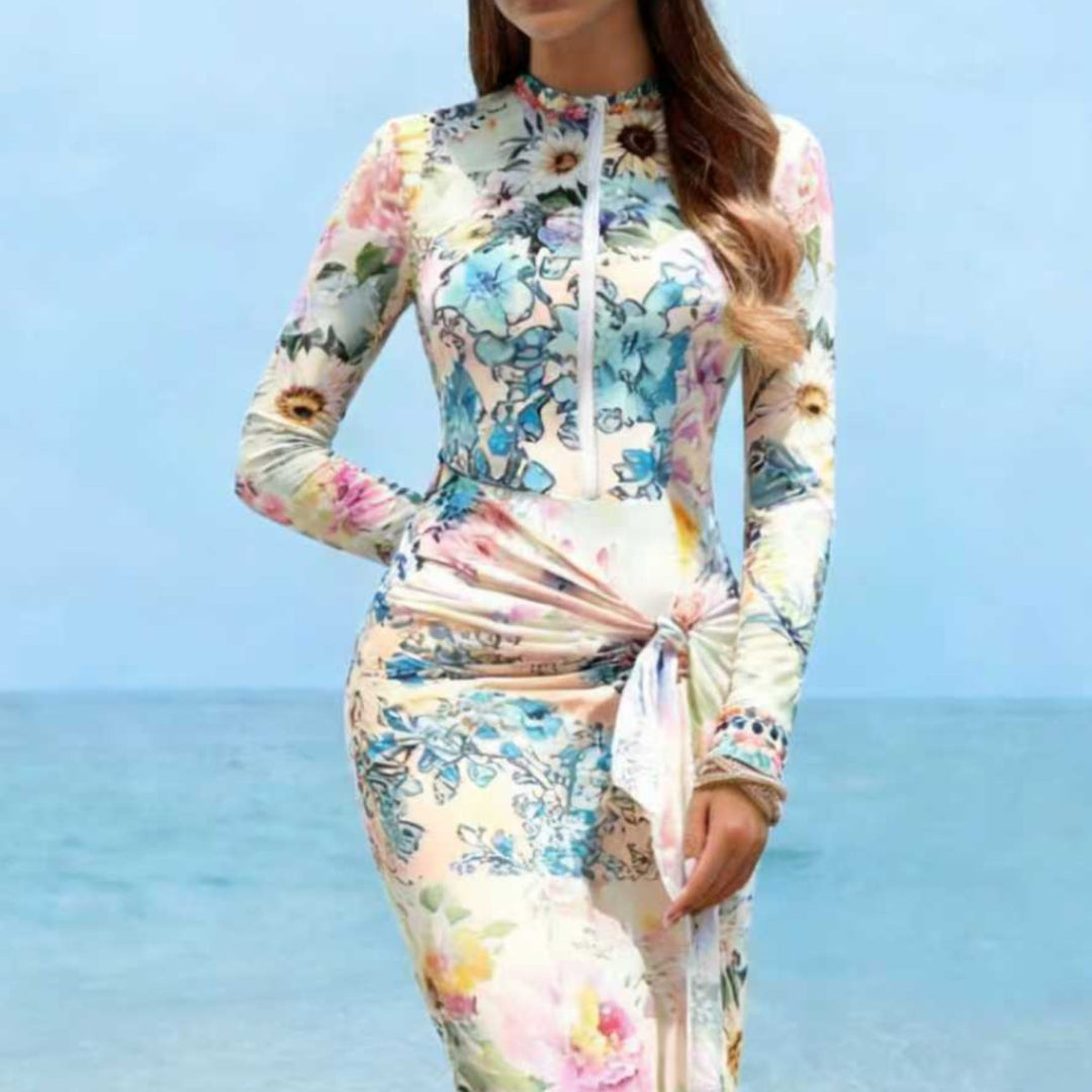 Women's Elegant Long Sleeve Beach Dress with Floral Design Mune Fashion