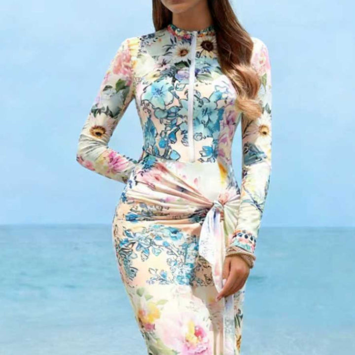 Women's Elegant Long Sleeve Beach Dress with Floral Design Mune Fashion