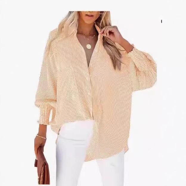 Women's loose fit striped blouse with shirt collar and gathered cuffs Mune Fashion