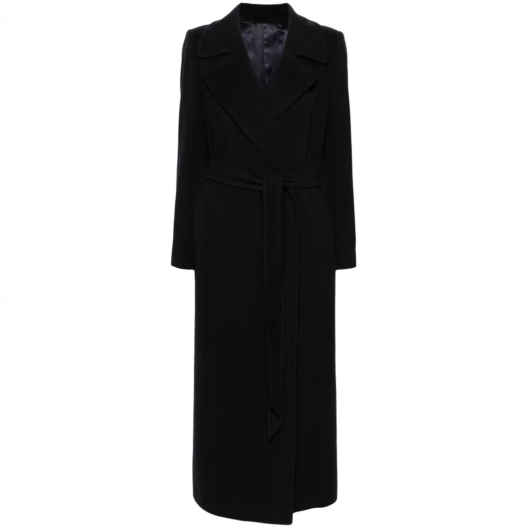 Women's long wrap coat made of wool blend with tie belt and wide lapels Mune Fashion