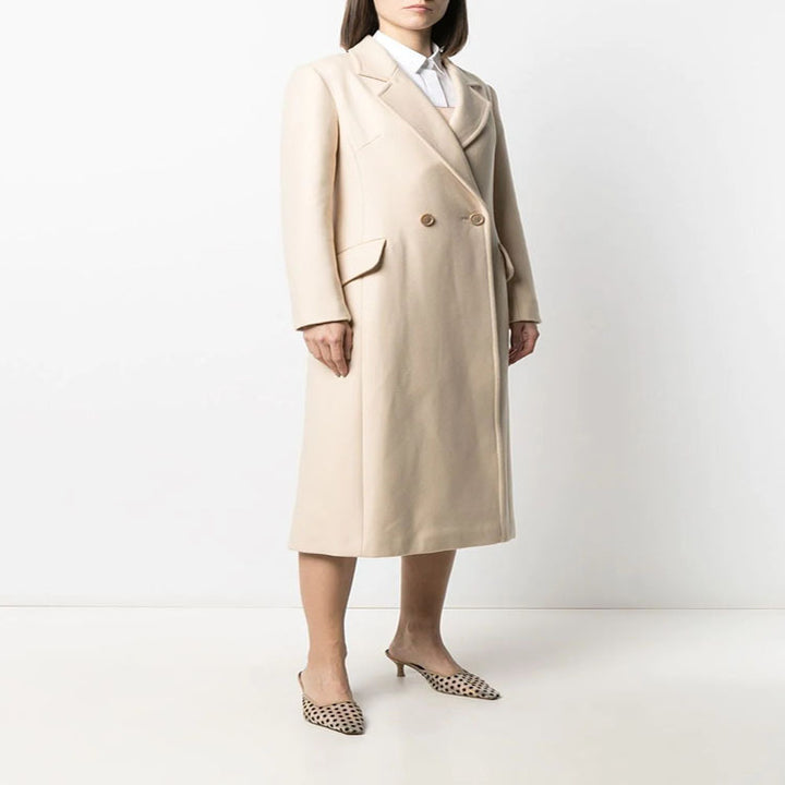 Women's Midi-Length Tailoring Coat Made of Wool Blend with Narrow Lapel and Flattering Fall Mune Fashion