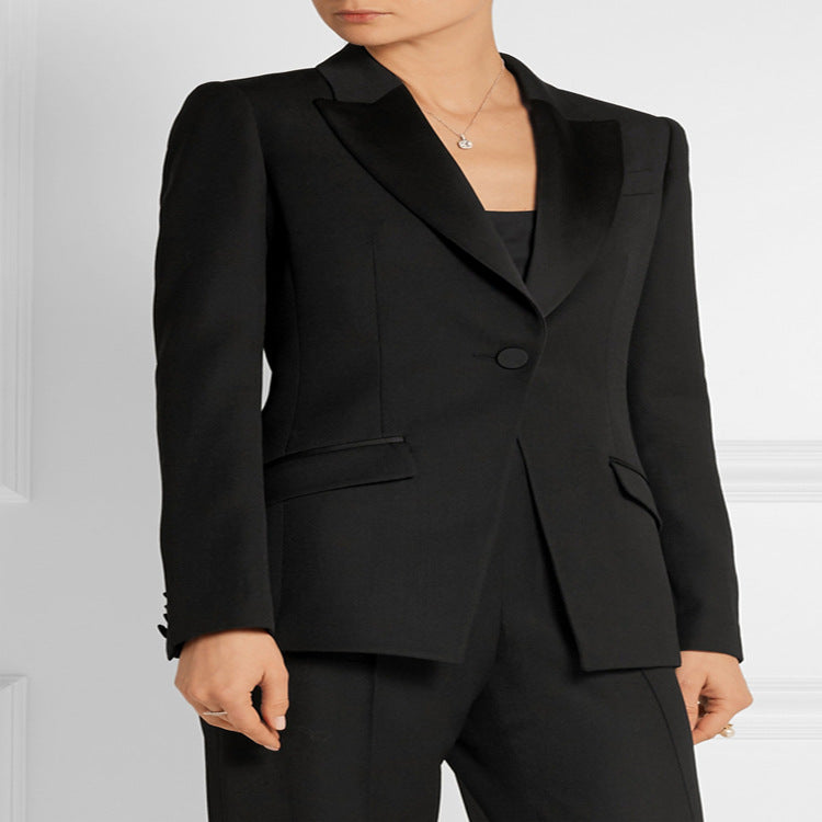 Women's Tailored Single-Button Blazer with Satin Trim and Contoured Seam Design Mune Fashion