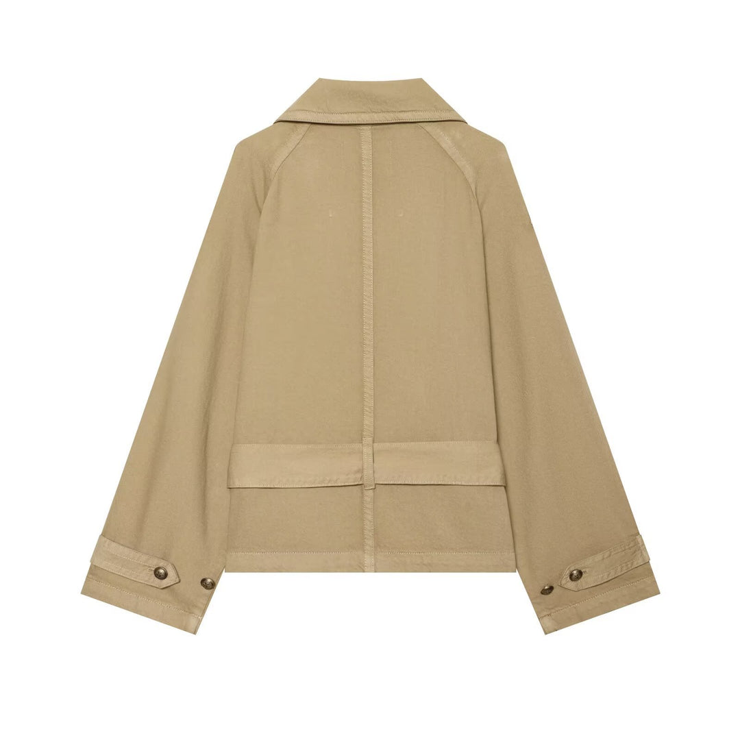 Women's short trench coat with double-breasted button placket, shoulder epaulets, and waist belt Drune