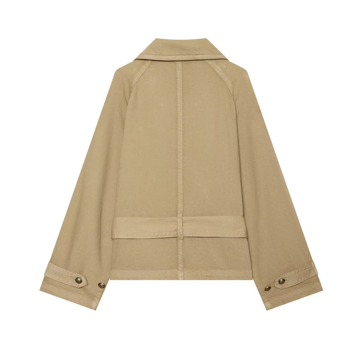 Women's short trench coat with double-breasted button placket, shoulder epaulets, and waist belt Drune