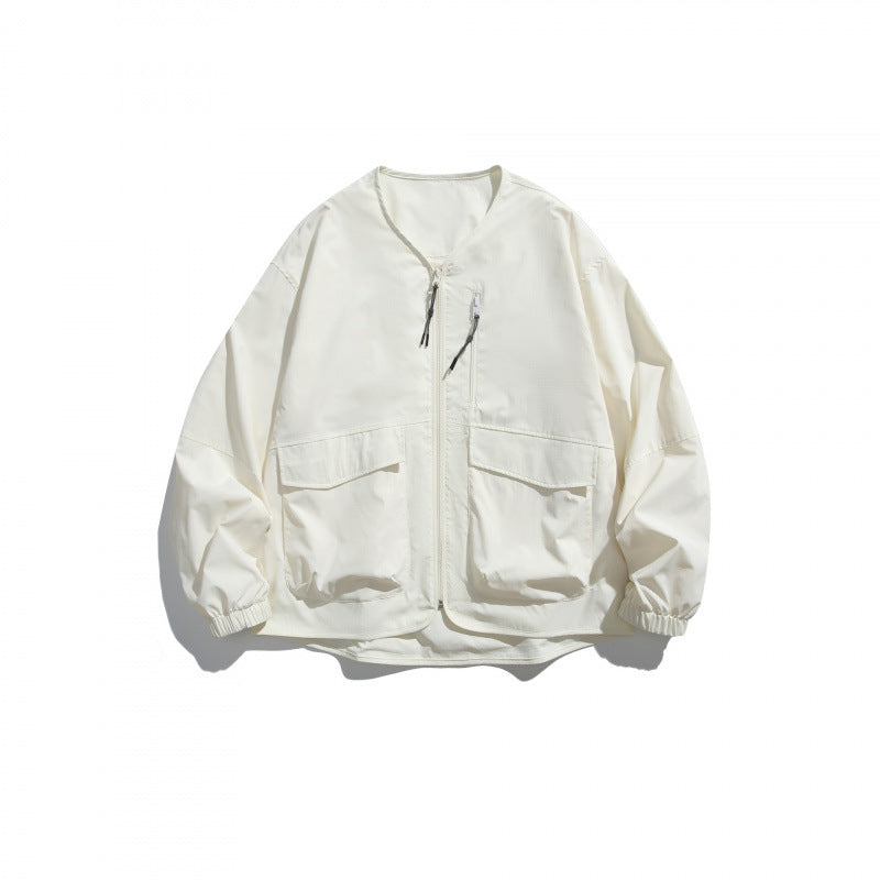 Unisex Lightweight Oversize Utility Jacket without Collar with Front Zipper and Patch Pockets Mune Fashion