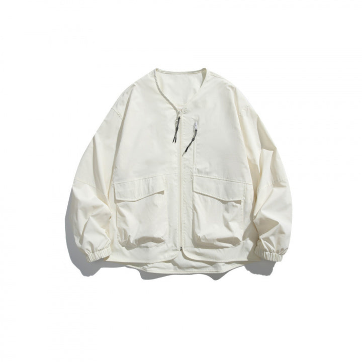 Unisex Lightweight Oversize Utility Jacket without Collar with Front Zipper and Patch Pockets Mune Fashion