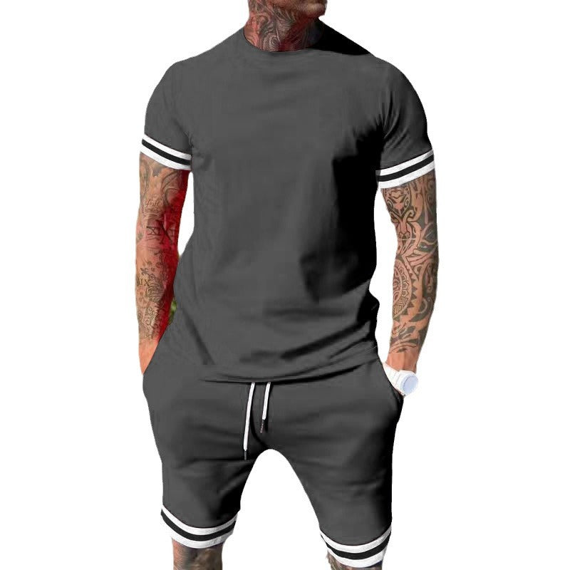 Men's casual sports set made of cotton jersey with round neck shirt and drawstring shorts Mune Fashion