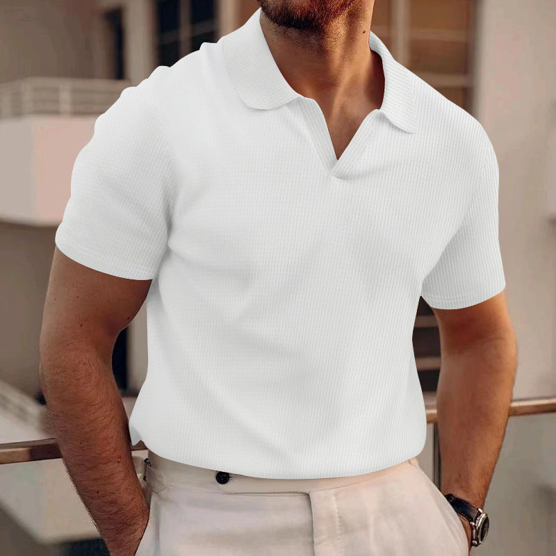 Men's textured collar top with open V-neck and light waffle structure Mune Fashion