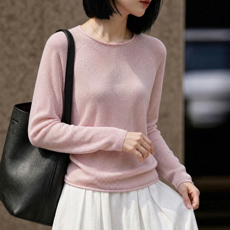 Women Light Round Neck Sweater in Cashmere Look with Raglan Sleeves Mune Fashion