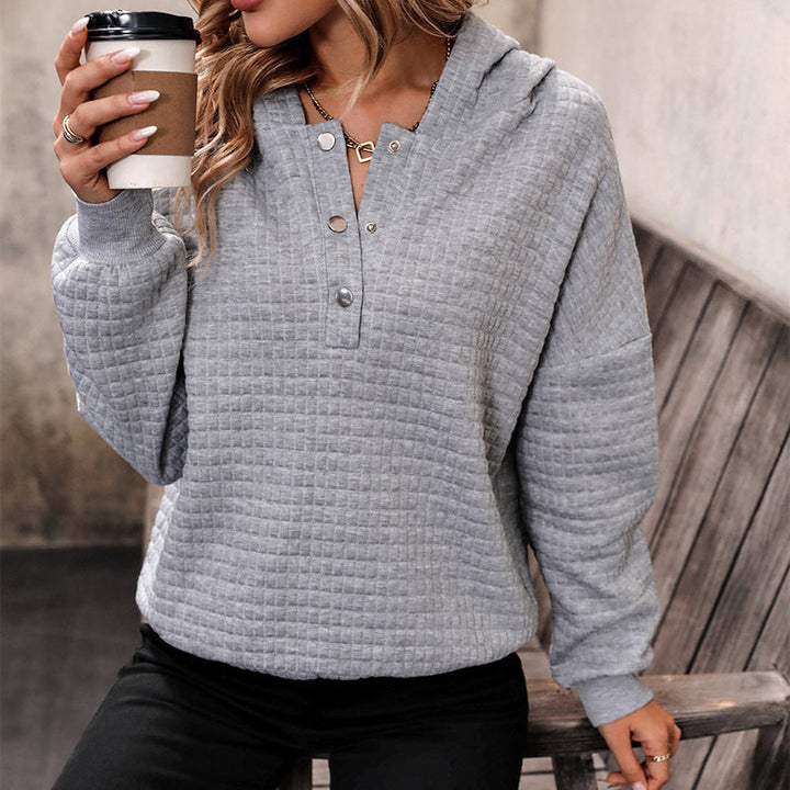 Women's Quilted Waffle Knit Henley Hoodie with Snap Placket Mune Fashion