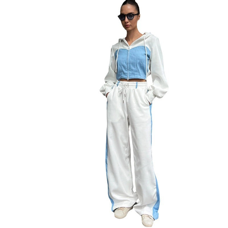 Ladies two-piece cropped hoodie set with zipper, elastic comfort waistband and wide side stripe pants Mune Fashion