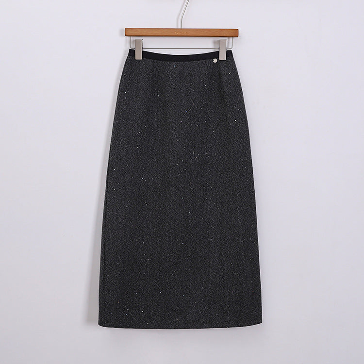 Women's tailored wool-blend midi skirt with subtle glitter texture, Mune Fashion