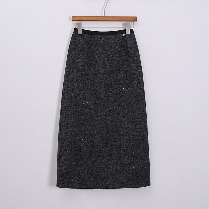 Women's tailored wool-blend midi skirt with subtle glitter texture, Mune Fashion
