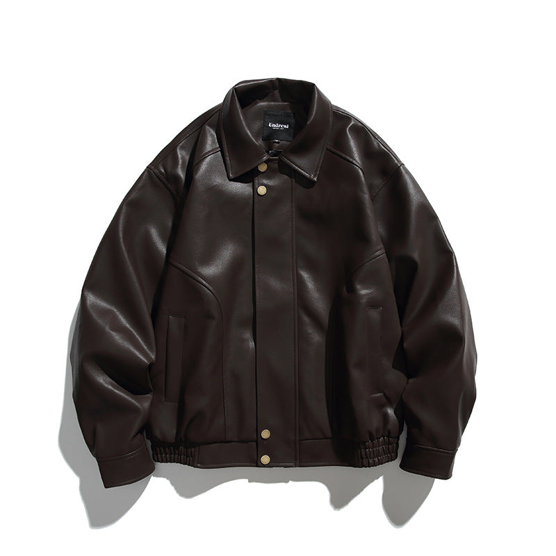 Men's Boxy Faux Leather Bomber Jacket with Concealed Snap Placket, Elastic Hem, and Patch Pockets Mune Fashion