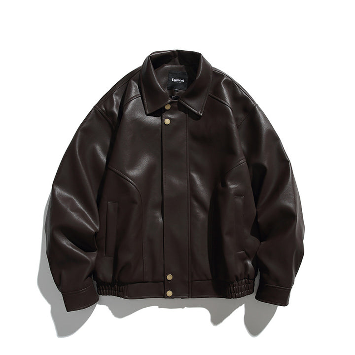 Men's Boxy Faux Leather Bomber Jacket with Concealed Snap Placket, Elastic Hem, and Patch Pockets Mune Fashion