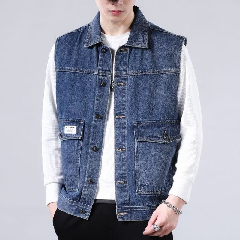 Men's Sleeveless Jeans Work Vest with Flap Pockets and Boxy Fit Mune Fashion