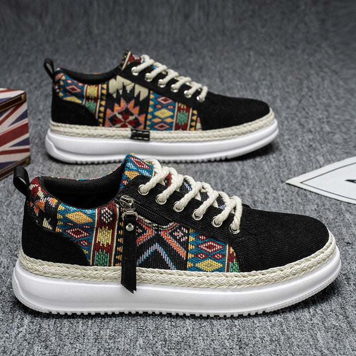 Women's espadrille-inspired platform sneakers with woven ethnic inserts, side zipper, and cushioned lightweight sole Mune Fashion