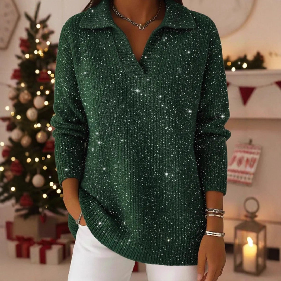 Women Elegant V-Pullover with Shiny Accents
