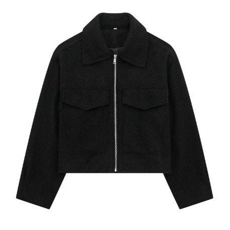 Ladies short jacket made of bouclé wool blend with zipper, shirt collar and chest flap pockets Mune Fashion
