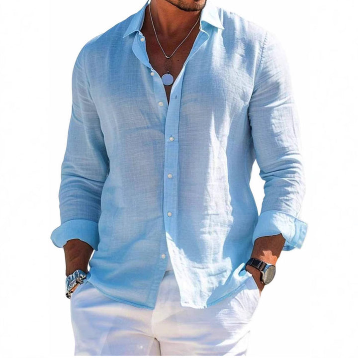 Men's structured linen shirt with open collar, lightweight texture and casual-tailored fit Mune Fashion