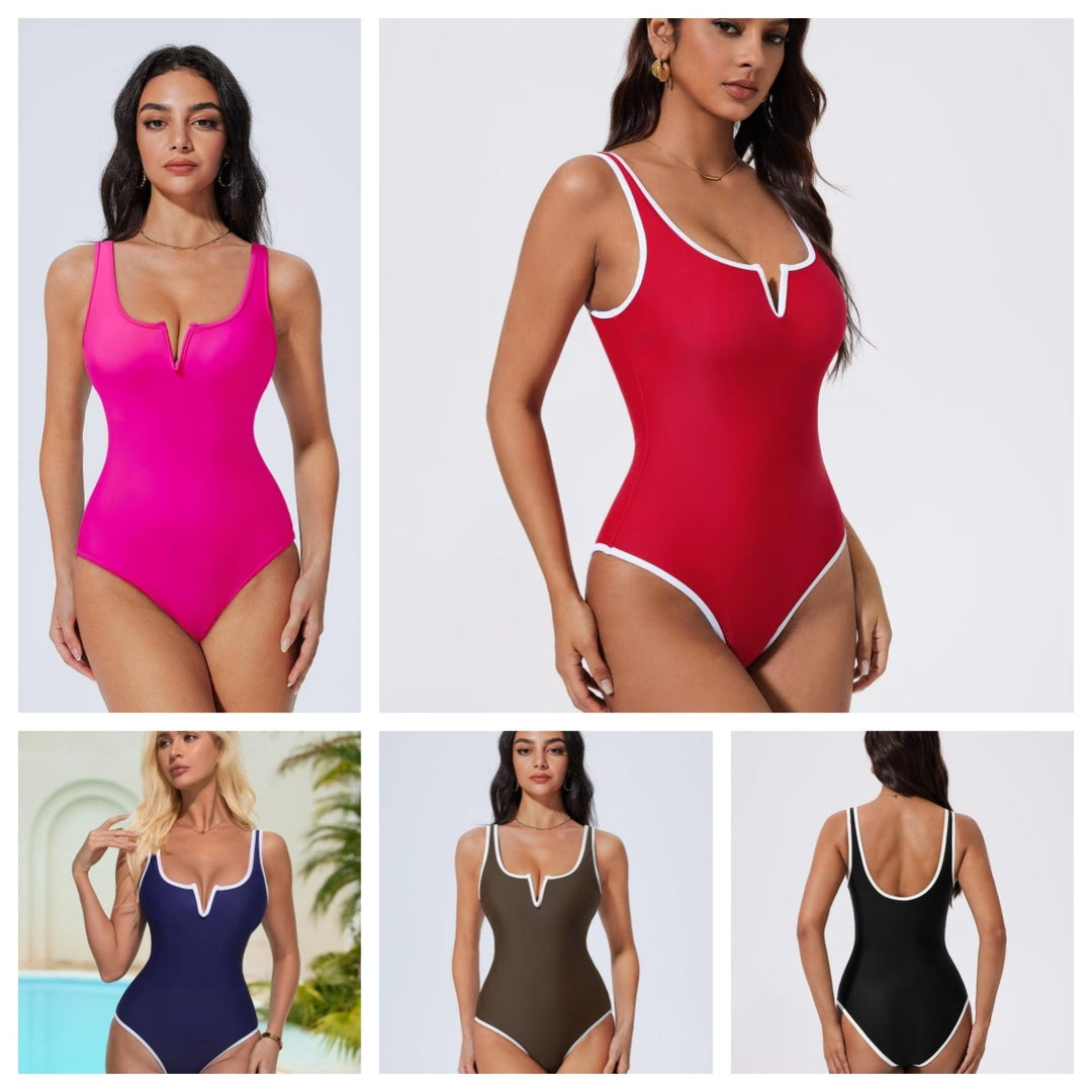 Damen Sportlicher Einteiler Badeanzug mit tiefem V-Ausschnitt und kontrastierenden Details Echo Archiv