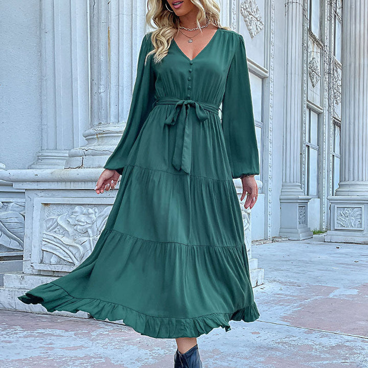 Women's Long Satin Look Tiered Dress with V-Neck, Tied Belt and Ruffle Hem