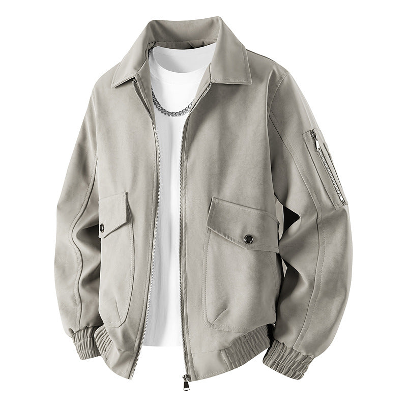 Men's Velour Leather Look Oversized Bomber Jacket with Utility Arm Pocket & Flap Pockets Mune Fashion