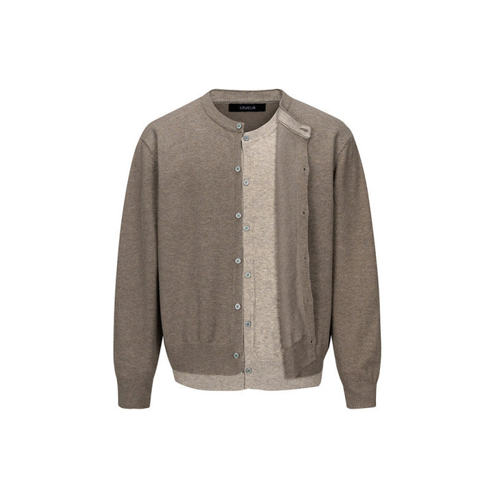 Men's fine knit cardigan with two-layer look, round neck and continuous button placket Mune Fashion