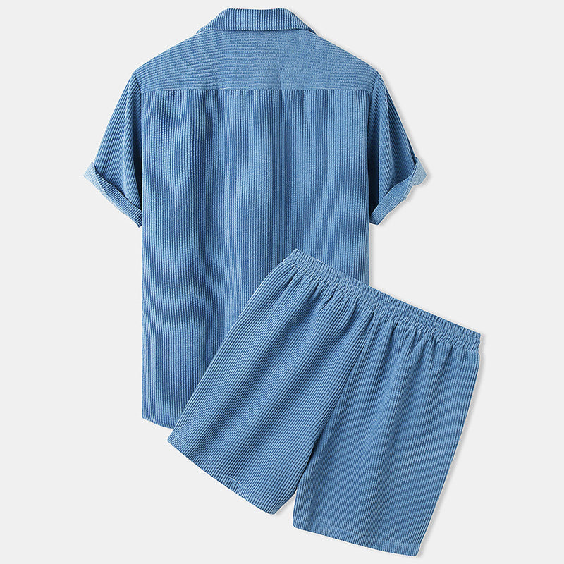 Men's short-sleeve leisure set with waffle texture, lapel collar and drawstring pants Mune Fashion