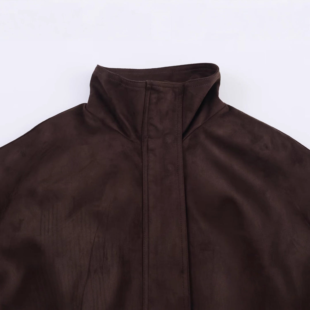 Women's Short Oversized Suede-Look Bomber Jacket with Stand-Up Collar and Elastic Hem Mune Fashion