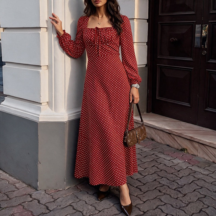 Women’s Retro Maxi Dress with Square Neckline, Ruched Bust Area and Long Sleeves Mune Fashion