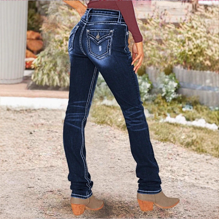 Women Sculpting Straight Denim with contrasting seam details and destroyed details Mune Fashion