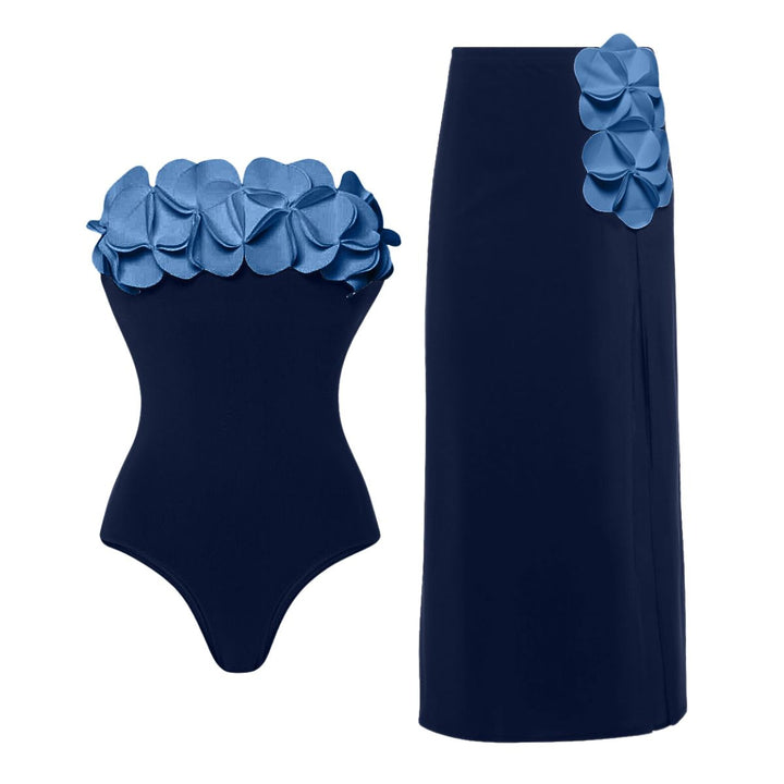 Ladies swimsuit with asymmetric cut and floral appliqués Mune Fashion