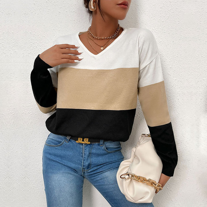 Women Elegant V-Neck Fine Knit Sweater with Wide Block Stripes Mune Fashion