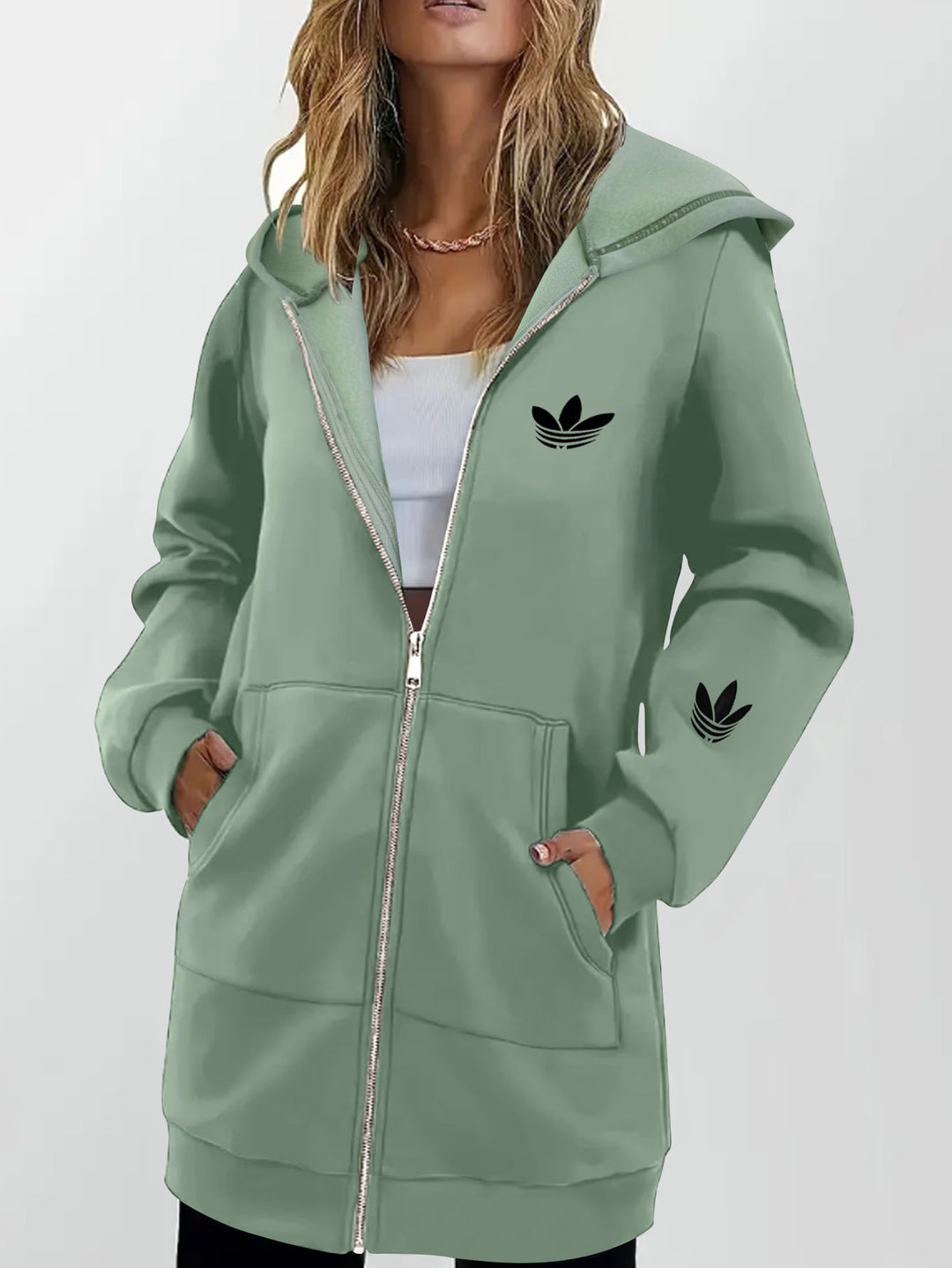 Women's Long Hooded Sweat Jacket with Metal Zipper, Kangaroo Pockets and Figure-Flattering Silhouette Drune