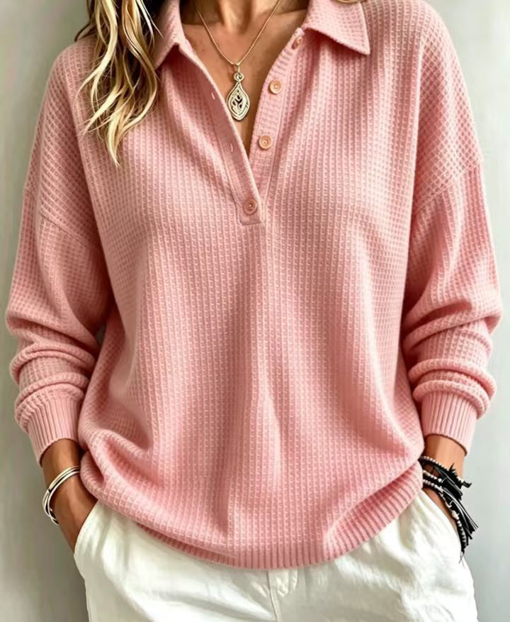 Ladies waffle knit polo with oversized fit, button placket and roll neck look Mune Fashion