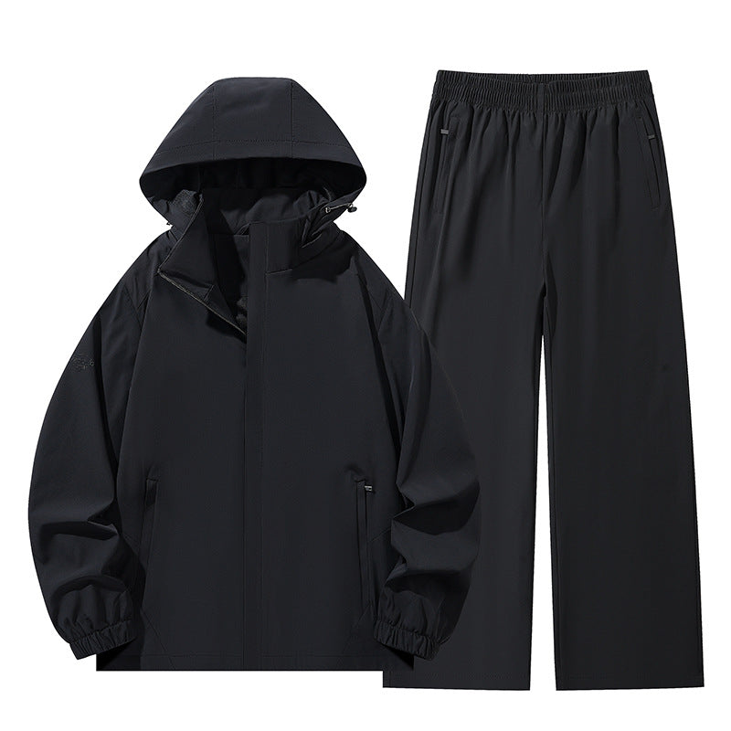 Men's Two-Piece Water-Repellent Outdoor Set with Hooded Softshell Jacket and Relaxed Leisure Pants Mune Fashion