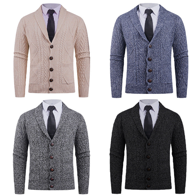Men's knitted cardigan with shawl collar, cable pattern, patch pockets, and button placket Mune Fashion
